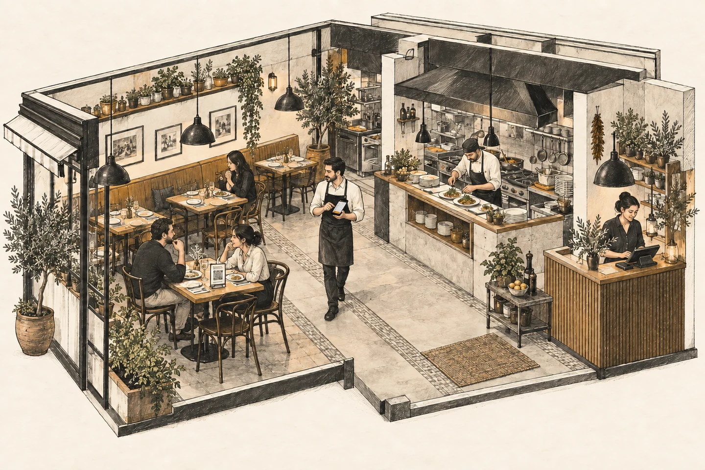 PayQR Plus restoran iş akışı: QR menülü masalar, siparişi dokunmatik el terminalinden giren garson, hazırlık yapan mutfak ve dijital kasa